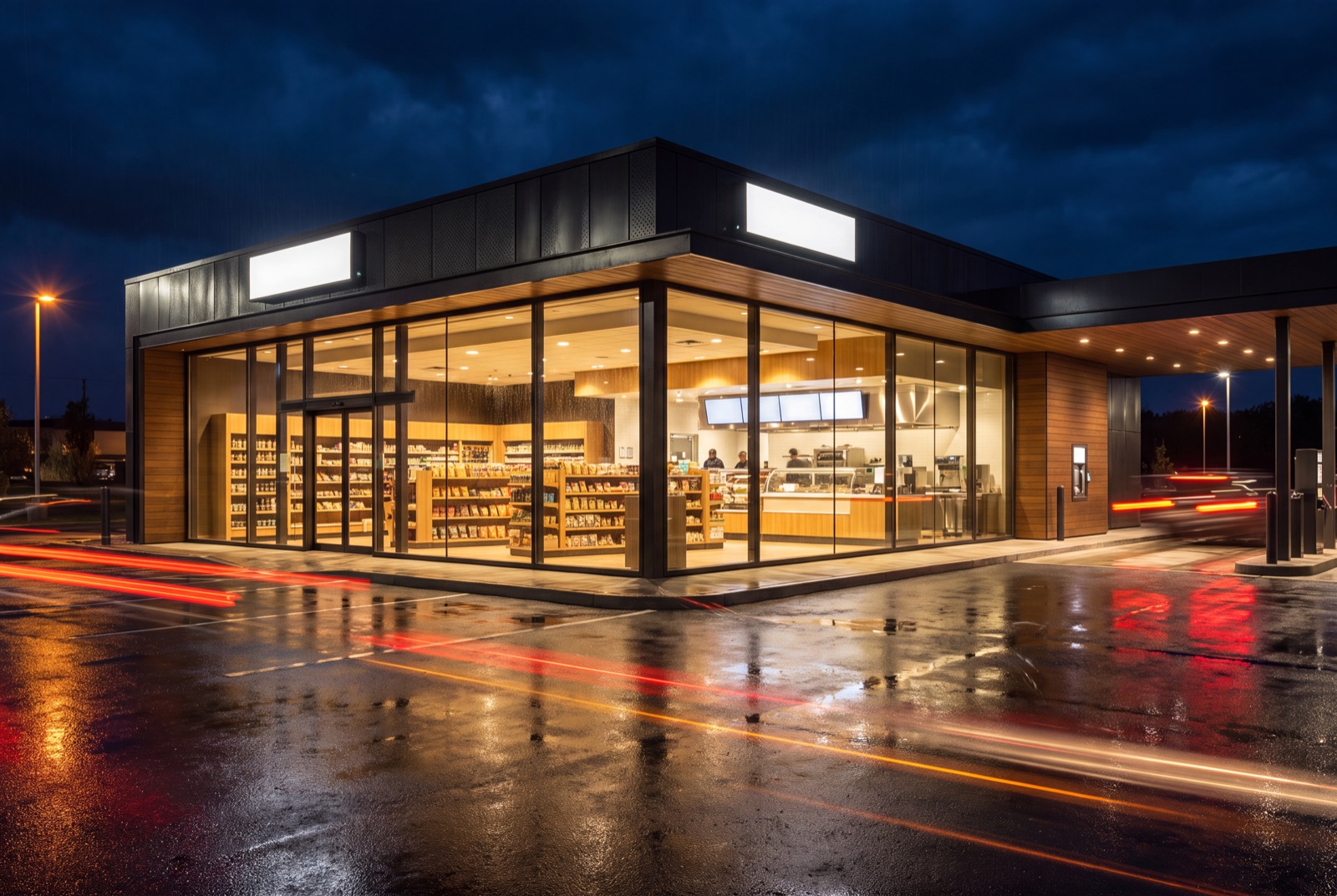 Modern convenience store and quick-service food building at night