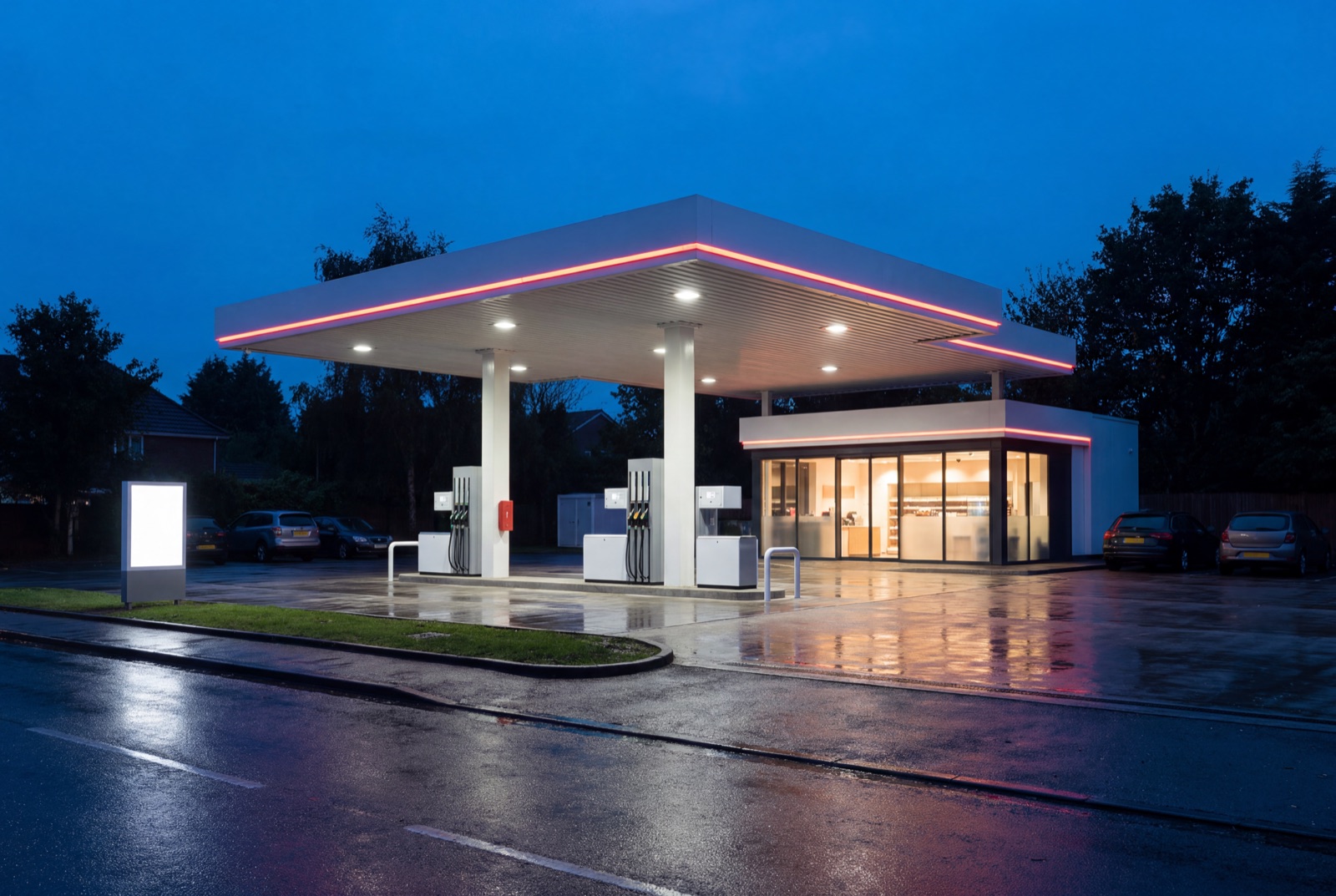Independent unbranded fuel station at blue hour